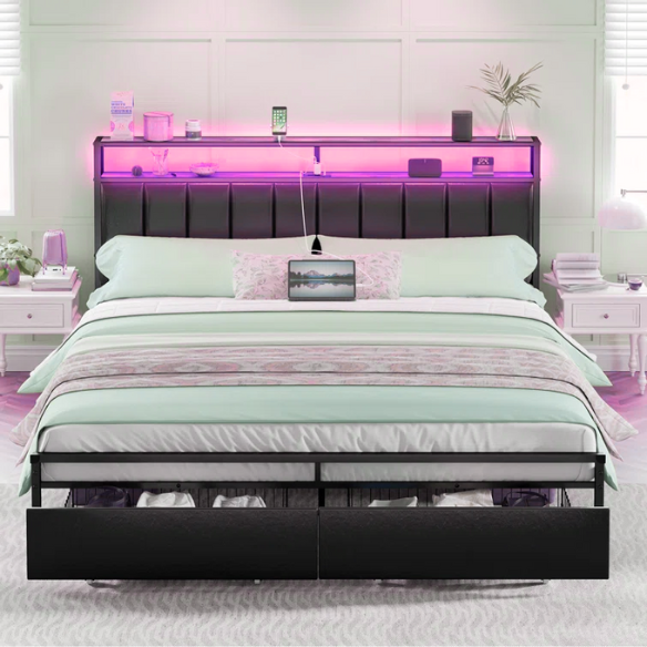Modern LED King Size Bed Frame with Storage Drawers and Built-in Charging Station