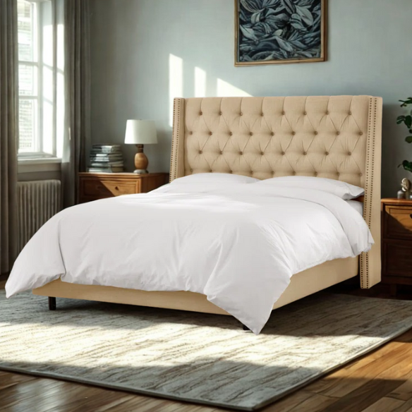 Chic Upholstered Wingback King Size Bed with Button Tufting and Nailhead Trim
