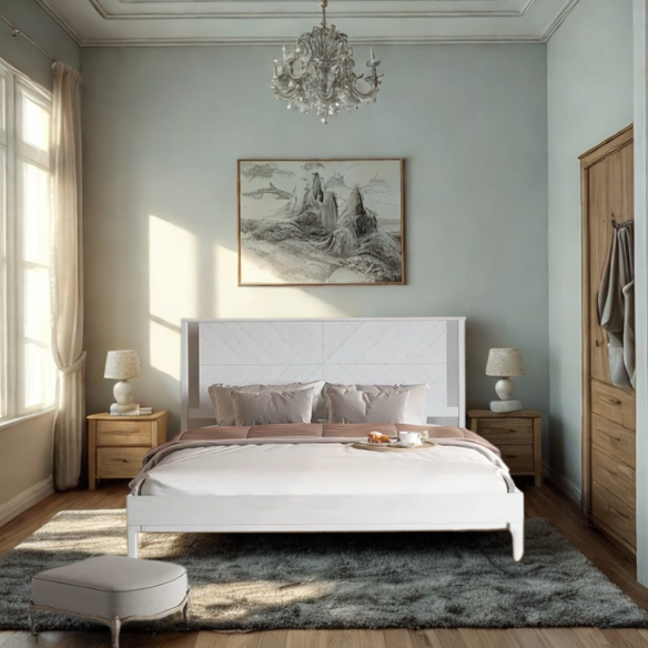 Solid Wood Platform King Size Bed with Headboard and Sturdy Steel Frame, Rustic Design