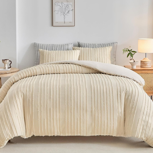 Luxurious Tufted Duvet Cover Set – Queen Size | Striped Textured Boho Bedding | Ultra-Soft Washed Microfiber | 3-Piece Set