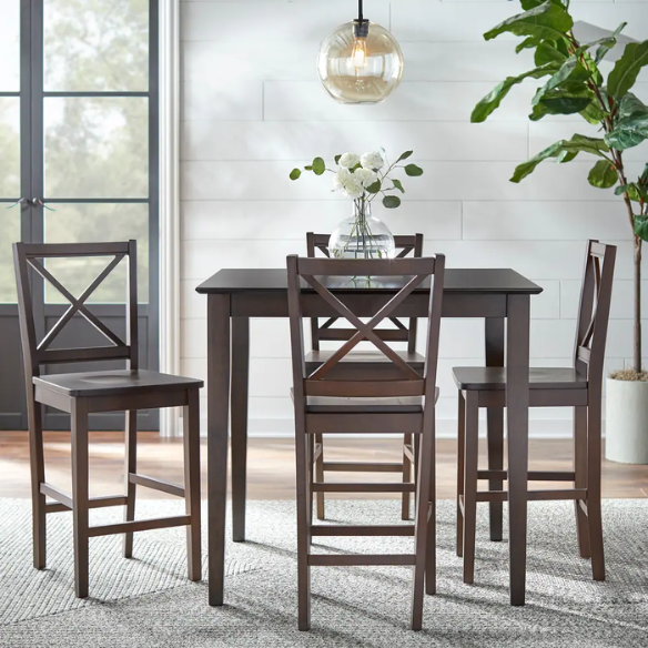 Cross Back Counter Height 5-Piece Dining Set – Industrial Rubberwood Table & Chairs in Black or Espresso Finish