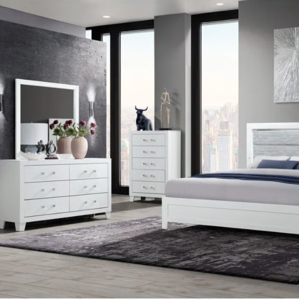 5-Piece White King Bedroom Set with LED-Backlit Upholstered Headboard, Modern Acrylic Hardware, and Plush Comfort
