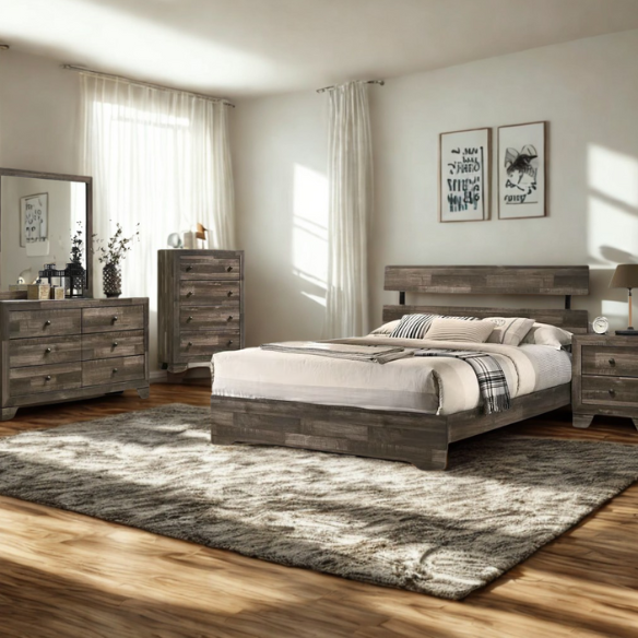 Rustic Gray 6-Piece Stone Platform Bedroom Set with Distressed Wood Finish for a Charming, Modern Look