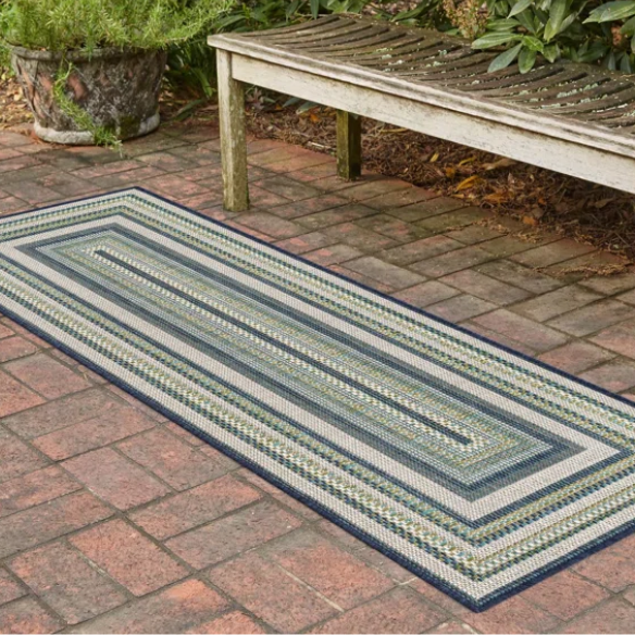 Coastal-Inspired Geometric Rug – Fade & Stain-Resistant,Ivory,Green,Blue Pattern, Ideal for Indoor/Outdoor Use