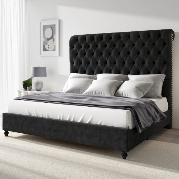 Luxurious Velvet Upholstered Sleigh Bed with Tufted Button and Gem-Accented Headboard