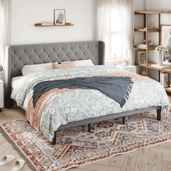 Luxurious King Size Upholstered Wingback Platform Bed with Button-Tufted Linen Fabric – Sturdy Wood Frame, High-Density Foam, and Ample Under-Bed Storage for a Stylish, Safe, and Comfortable Bedroom