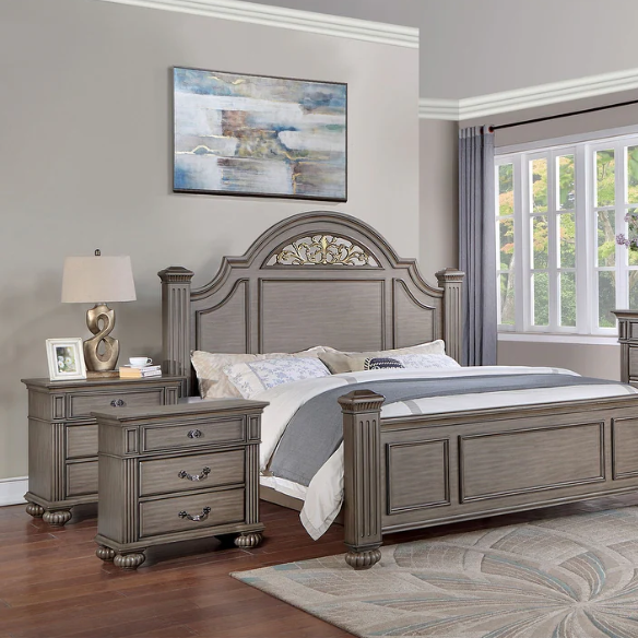 Elegant Traditional 5-Piece Grey Wood Poster Bedroom Set with Fluted Columns, Carved Floral Accents, and Bell-Shaped Headboard