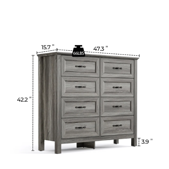 French Country-Inspired 8-Drawer 47.3" Double Dresser with Rustic Finish, Crown Molding, and Tapered Legs