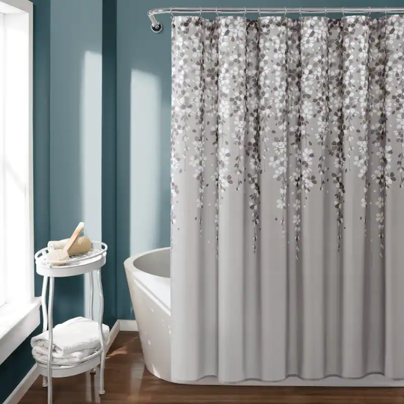 Grey and White Weeping Flower Shower Curtain – Modern Farmhouse Floral Bathroom Décor, 72" x 72"