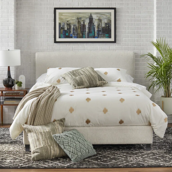 Solid Colored Linen Upholstered Queen Size Standard Bed