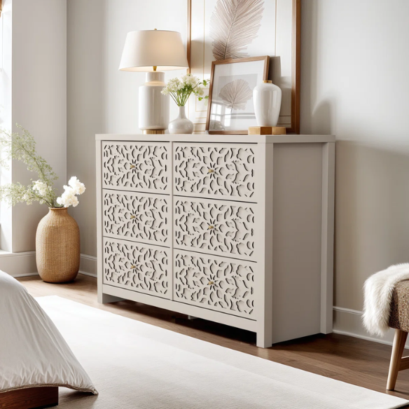 Boho-Inspired 45.4" 6-Drawer Dresser with Distressed Finish and Openwork Floral Details
