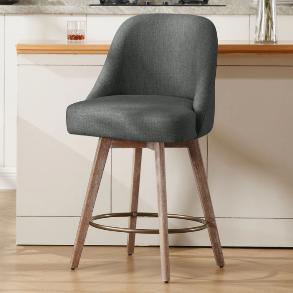 Modern Counter Height Swivel Bar Stool – Upholstered Faux Leather/Polyester Blend Seat, Solid Beech Wood Frame, Ergonomic High Back, Bronze Metal Footrest, 300lb Capacity for Kitchen, Bar, or Pub