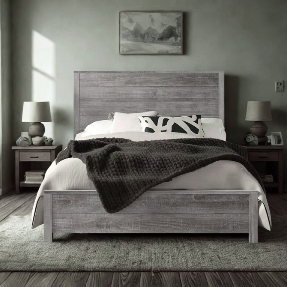 Rustic Solid Pine Wood King Size Panel Bed with Distressed Finish and Streamlined Headboard