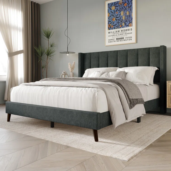 Queen Size Upholstered Wingback Bed with Soft Polyester Fabric – Elegant and Modern Design