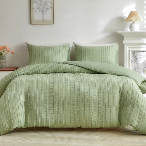 Luxurious Tufted Duvet Cover Set – Queen Size | Striped Textured Boho Bedding | Ultra-Soft Washed Microfiber | 3-Piece Set