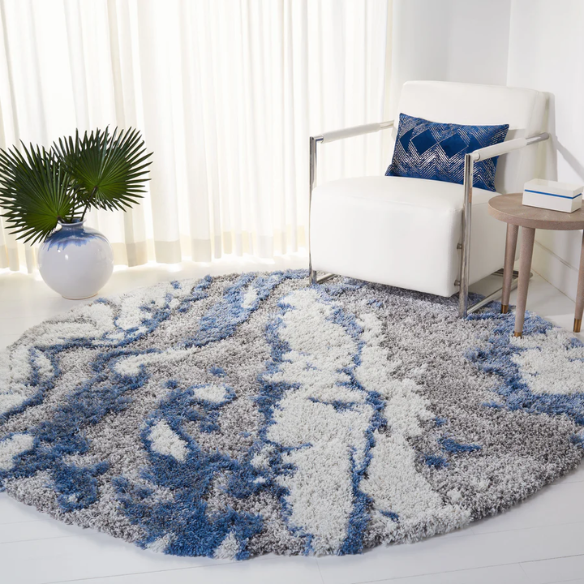 Plush Abstract Blue, Grey, and White Pattern Shag Rug