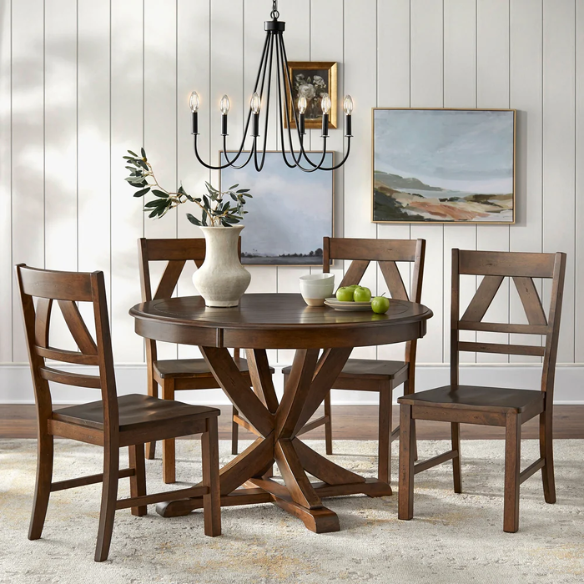Country-Style 5-Piece Dining Set – Round Beadboard Table with X-Base and Geometric Back Chairs