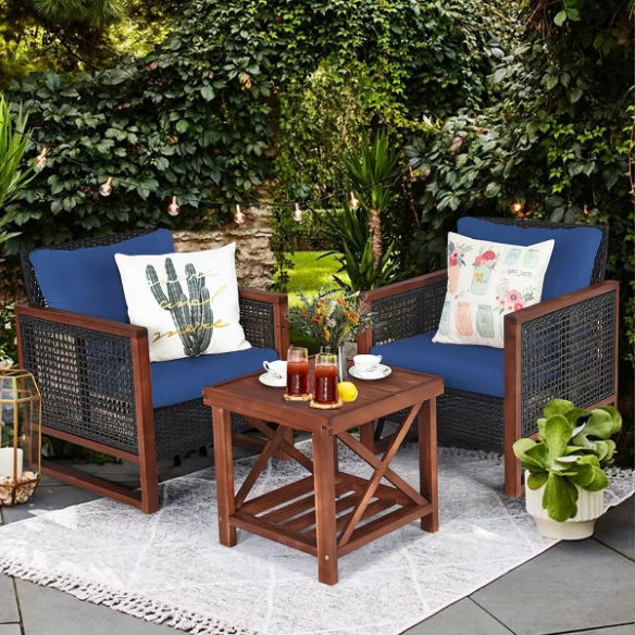 3-Piece Patio Wicker Furniture Set | Rattan Outdoor Sofa with Washable Cushions and Acacia Wood Coffee Table | Perfect for Garden and Backyard