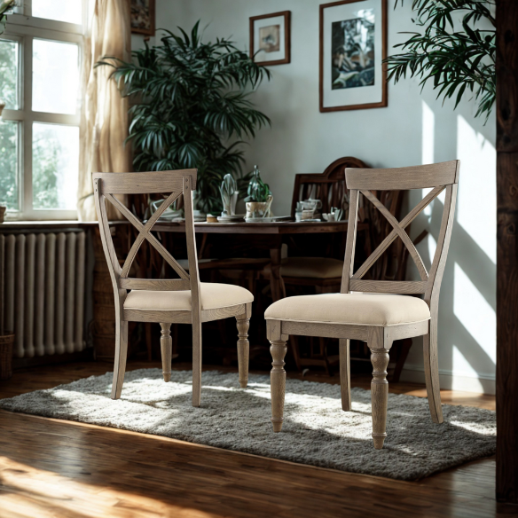 Taupe Weathered Driftwood Dining Chair with Beige Linen Cushion – Coastal Cottage Style Seating