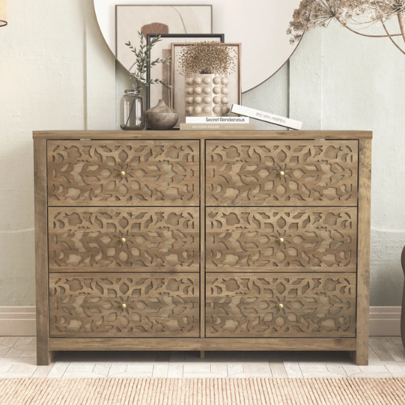 Boho-Inspired 45.4" 6-Drawer Dresser with Distressed Finish and Openwork Floral Details