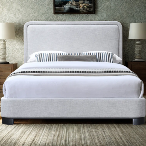 Luxurious Linen Textured Fabric King Size Upholstered Panel Bed with Solid Wood Base