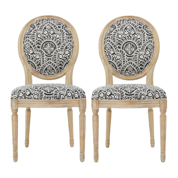 Set of 2 French Country Upholstered Dining Chairs with Natural Wood Legs and Round Back – Elegant Vintage Accent Seating