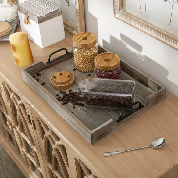 Rustic Wooden Coffee Table Tray with Handle Slots – Farmhouse-Inspired Accent for Stylish Organization and Decor