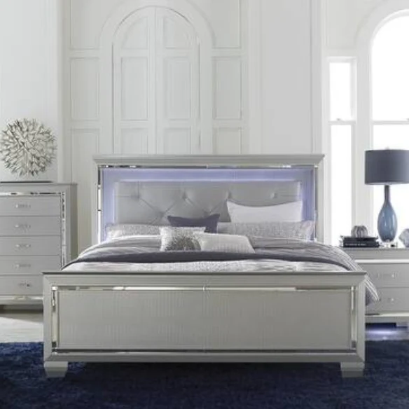 3-Piece Silver Modern LED Panel Bedroom Set with Faux Leather Upholstered Tufted Headboard, Alligator Embossing, and Crystal-Enhanced Accents