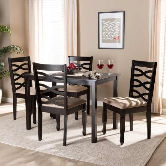 Contemporary 5-Piece Fabric & Wood Dining Set – Dark Walnut Table with Beige & Gray Upholstered Chairs