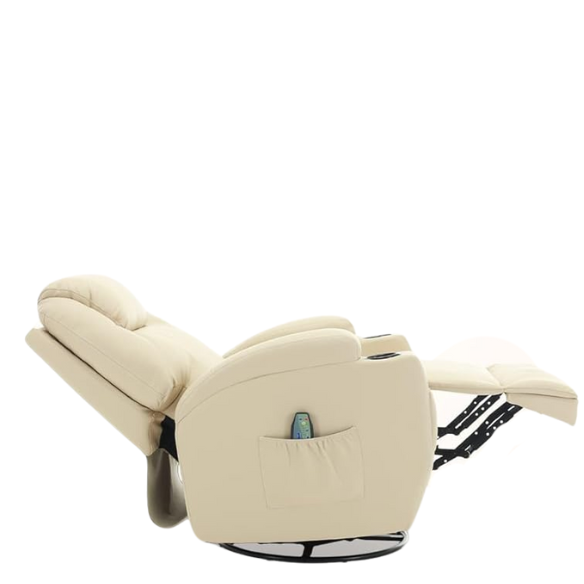 Beige Cream Swivel Rocker Recliner with Massage & Heating – 360° swivel, soothing rocking, 8 vibration massage points, lumbar heating, and convenient storage. Perfect for relaxation, with durable materials and easy assembly.