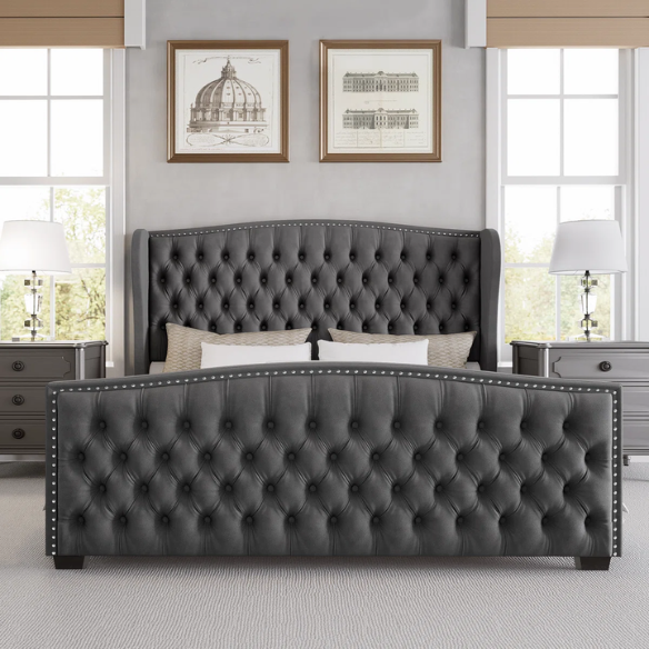 Luxurious King Size Velvet Upholstered Platform Bed Frame with Wingback Headboard – Handmade Button Tufting, Nailhead Detailing, Sturdy Construction, and No Box Spring Needed