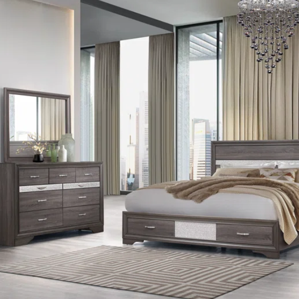 Visually Stunning Panel Configurable Bedroom Set – Clean Modern Design with Timeless Gray Finish, Melamine Detailing, Panel Headboard, and Spacious Footboard Drawers – Perfect for Creating a Serene and Stylish Bedroom Retreat