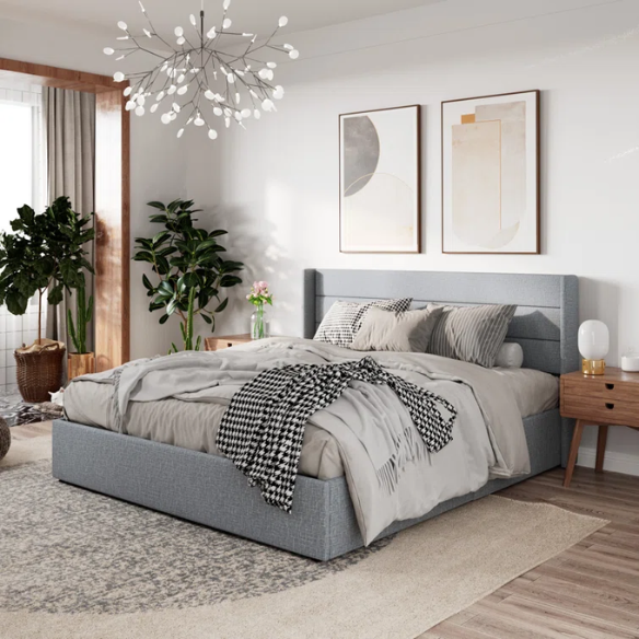 Modern King Size Upholstered Platform Bed with Hydraulic Lift Storage – Sleek Grooved Headboard, Space-Saving Design, and No Box Spring Needed