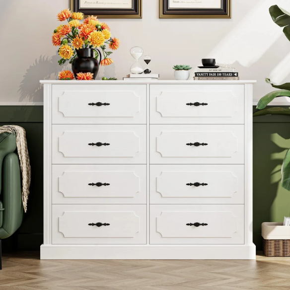 Classic Modern 8-Drawer Double Dresser with Picture Frame Paneling, Decorative Black Metal Handles, and French Country Style