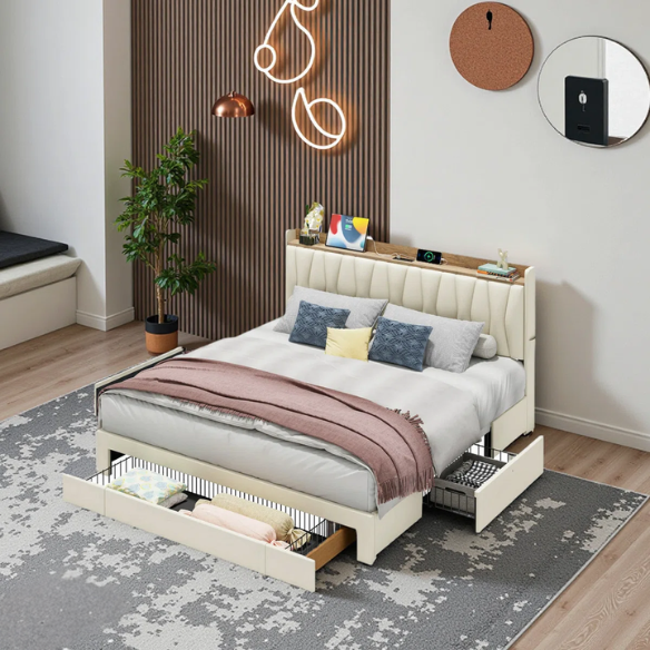 Modern Upholstered King Size Bed Frame with 3 Storage Drawers, Soft Foam Headboard, and Built-in Charging Station