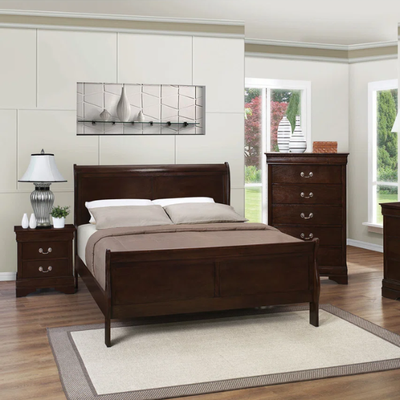 5-Piece Bedroom Set – Traditional Style with Flared Headboard, Dovetail Construction, Silver Bail Handles, and Spacious Storage – Crafted from Select Hardwoods and Veneers in a Warm Cappuccino Finish – Includes Bed, Nightstand, Dresser, Chest, and Mirror