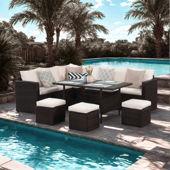 All-Weather Wicker Patio Furniture Set | Stylish Conversation Set with Cushioned Seats and Pillows | Perfect Outdoor Dining Solution