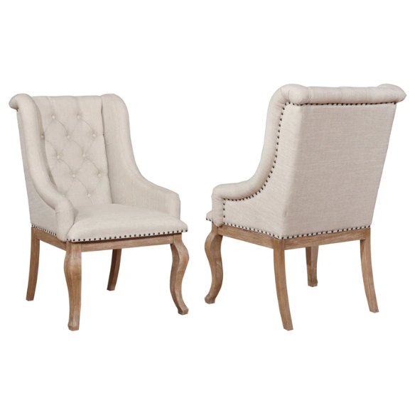 Beige Button Tufted Upholstered Arm Chairs with Light Tan Wooden Legs (Set of 2) – Elegant Accent Dining or Lounge Seating