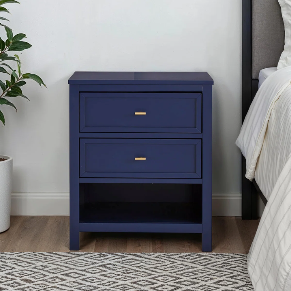 2-Drawer Nightstand – Traditional Solid Wood Frame with Inset Paneling, Neutral Finish, Gold Coastal-Inspired Drawer Pulls, Clean Lines & Spacious Surface for Bedroom Essentials