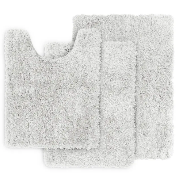 White Shaggy Bath Rug Set – Ultra-Soft Microfiber Non-Slip Bathroom Mat with Rubber Backing (2 or 3-Piece Set)