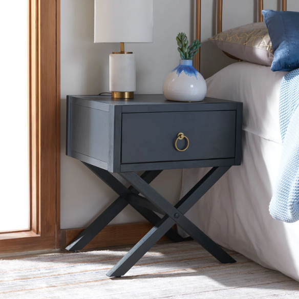 1-Drawer Nightstand – Classic Campaign Style with Contemporary Chic, Acacia Wood Frame, Cross-Base Design, Bold Finish, Gold Drawer Pull, Perfect for Modern Bedrooms