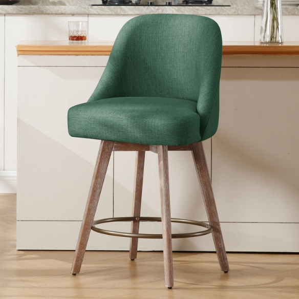 Modern Counter Height Swivel Bar Stool – Upholstered Faux Leather/Polyester Blend Seat, Solid Beech Wood Frame, Ergonomic High Back, Bronze Metal Footrest, 300lb Capacity for Kitchen, Bar, or Pub