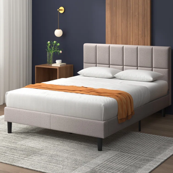 Modern King Size Upholstered Low Profile Platform Bed – Square-Tufted Headboard, Durable Steel Frame