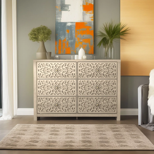 Boho-Inspired 45.4" 6-Drawer Dresser with Distressed Finish and Openwork Floral Details