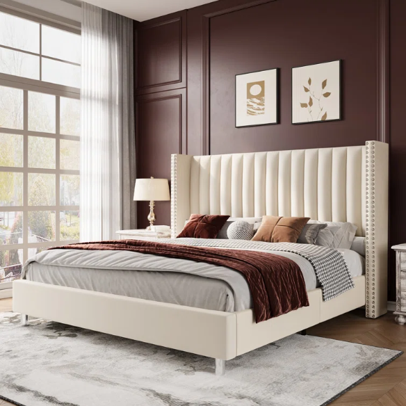 Velvet Upholstered Queen Size Platform Bed with Tufted Button Detail on Headboard