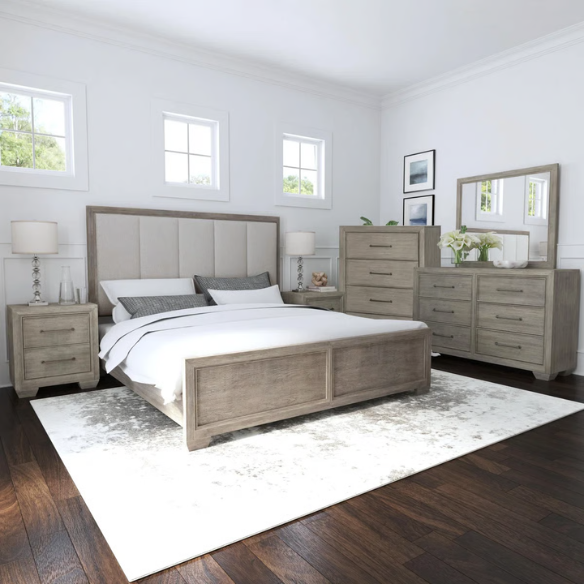6-Piece Gray Wood Bedroom Set with Upholstered Panel Bed, Dresser, Mirror, 2 Nightstands, and Chest – Elegant and Timeless Design