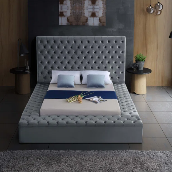 Elegant Velvet Upholstered King Size Platform Storage Bed with Tufted Headboard and Slats