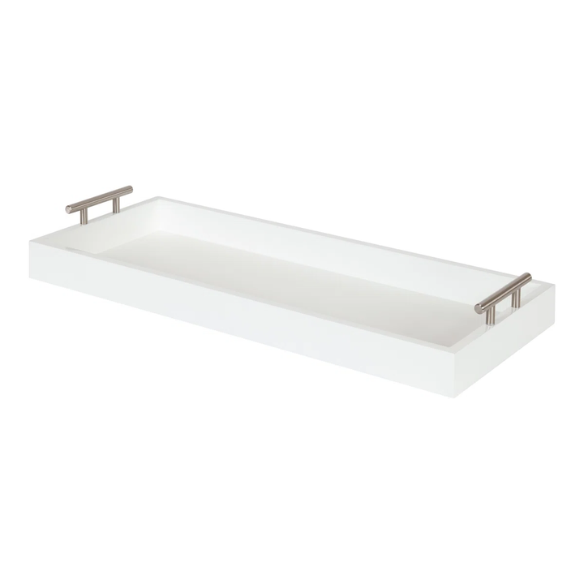Sleek and Sophisticated Long Rectangular Serving Tray – High Gloss Wood with Polished Metal Handles, Perfect for Entryway, Vanity, or Coffee Table