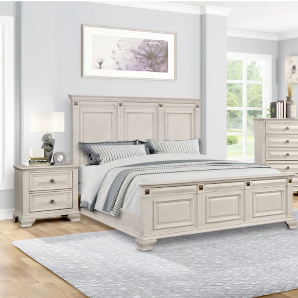 5-Piece King Bedroom Set – Solid Wood Construction with Muted Silver Accents, Fluted Pilasters, French Bracket Foot Bases, and Elegant Dovetail Drawer Detailing for Timeless Sophistication