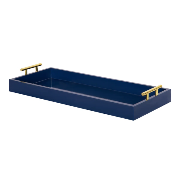 Sleek and Sophisticated Long Rectangular Serving Tray – High Gloss Wood with Polished Metal Handles, Perfect for Entryway, Vanity, or Coffee Table